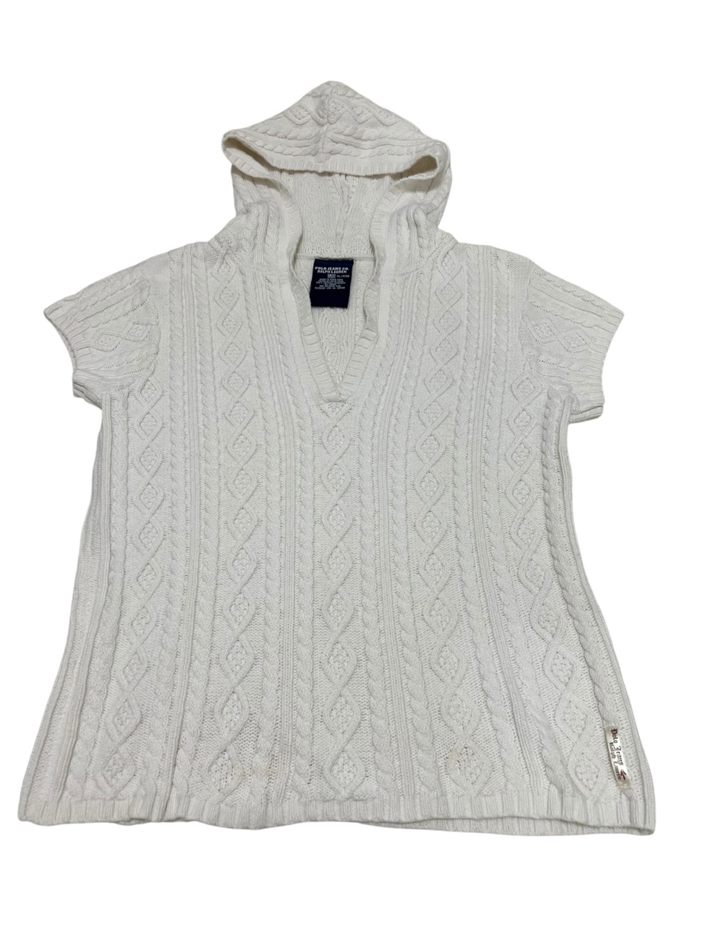 VTG Y2K Polo Jeans Ralph Lauren Short Sleeve Cable-Knit Hooded Sweater White XL